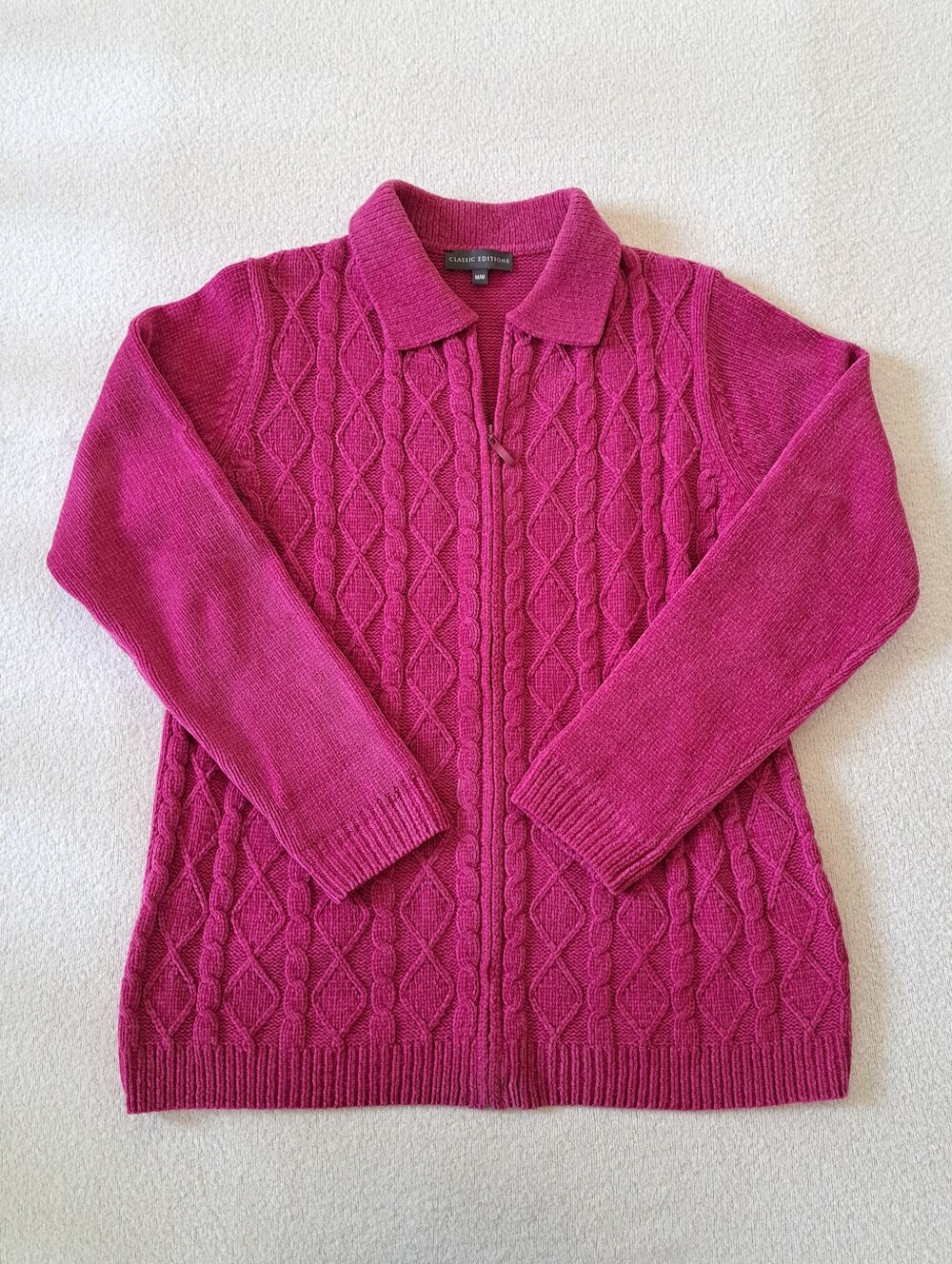 Classic Editions Chenille Cardigan Sweater Pink Medium Cable Knit Cottagecore